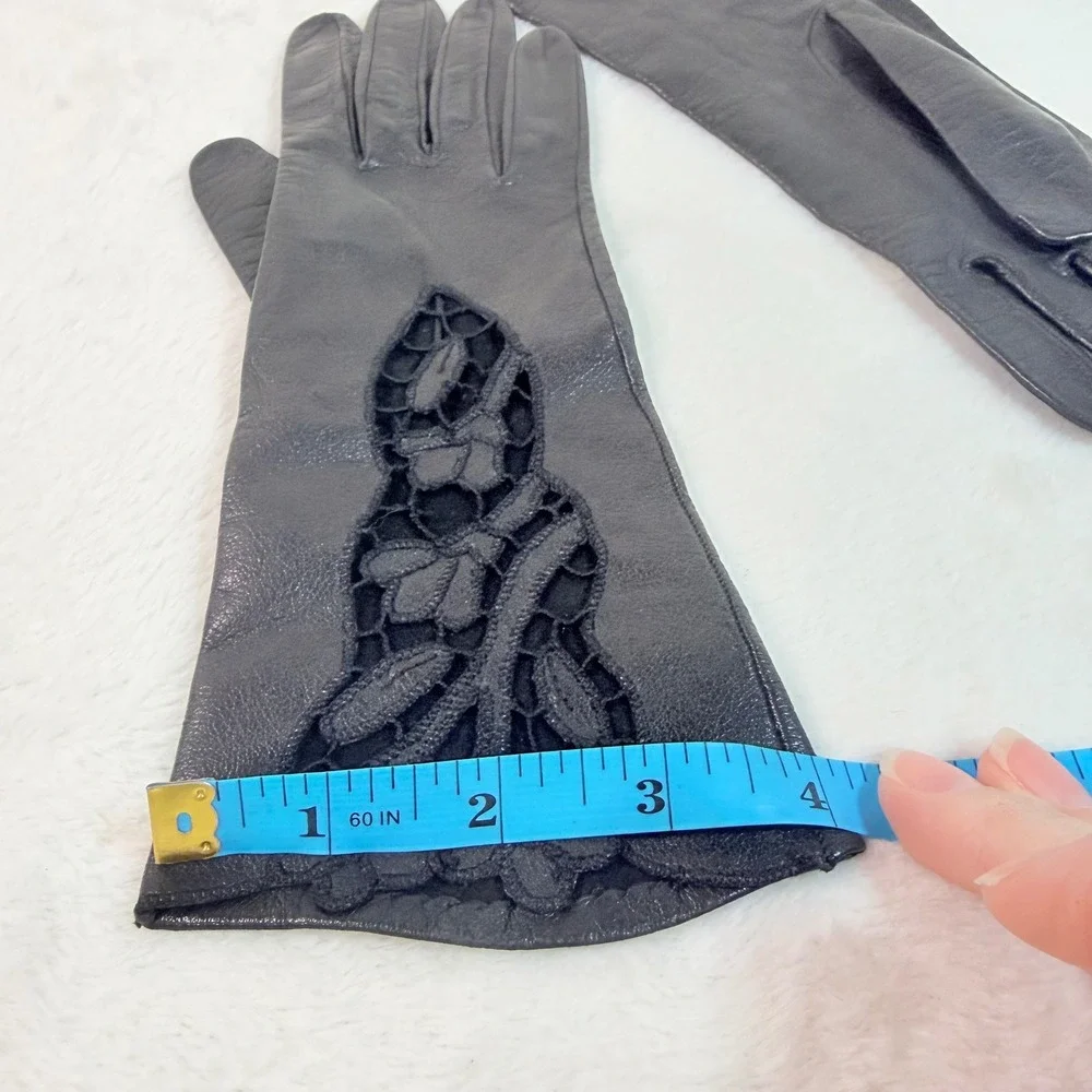 Vintage Black Leather Gloves Floral Lace Cutout Mid Length Formal Evening Womens